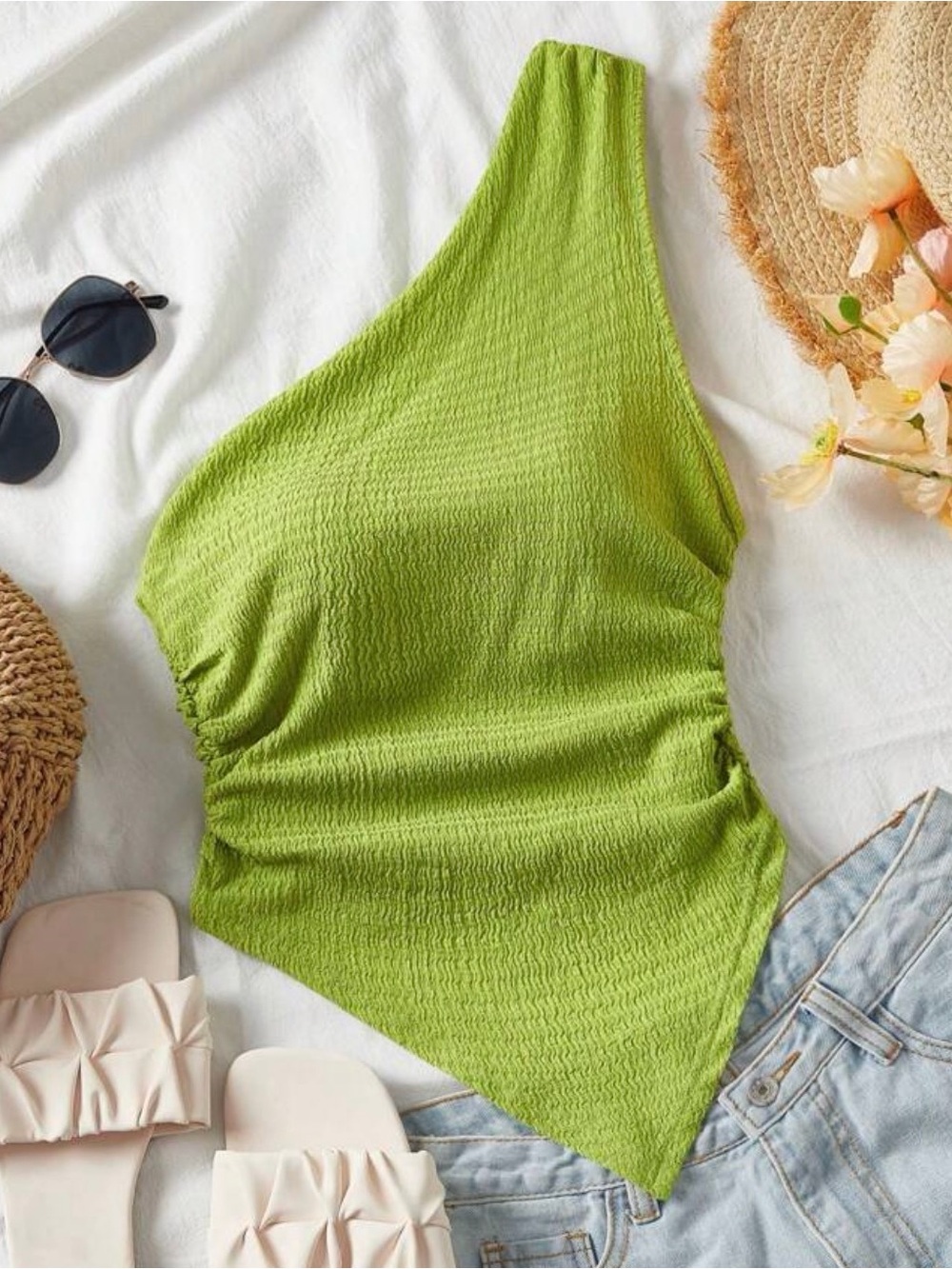 One-Shoulder Lime Green Textured Bodysuit